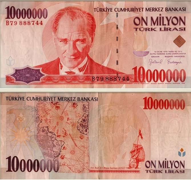 60 banknotes of the 10,000,000 Turkish Lira denomination